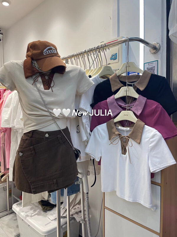 [Julia] color blocking fashion niche short sleeve T-shirt (with lanyard) ys1-987\pcz
