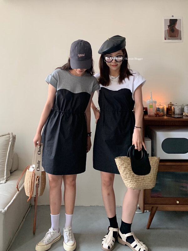 [B plus] fashion stitched elastic waist dress 22-9513-2\hbx