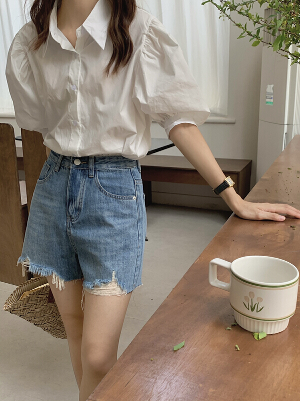 【 meet me 】 high waist versatile irregular denim shorts 81079\ll