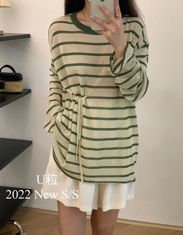[U grain] summer new dongdamen Korean stripe round neck side tether sweater 33031\hbx