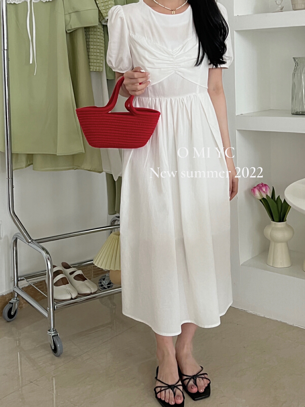 [O MI] French pleated bubble sleeve dress 7325\hbx