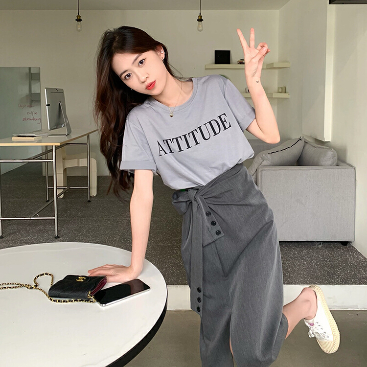 [y.jia EJA] letter short sleeve high waist bandage skirt suit 6112