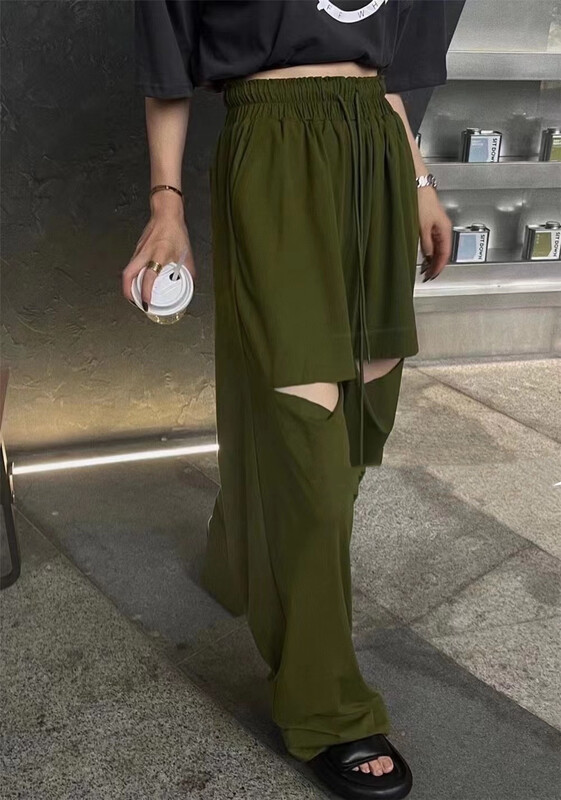 [Yan Zhen] solid color loose hole elastic waist casual pants 54866\pcz