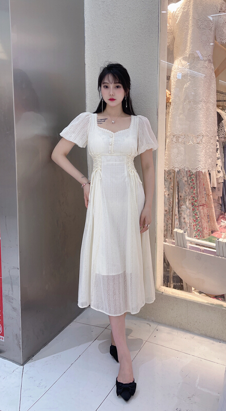 [n:aa] elegant temperament square neck pearl button Lantern Sleeve waist dress e9316\jj