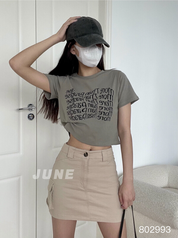 [June] lettered print Pullover short sleeve T-shirt 802993\xyy