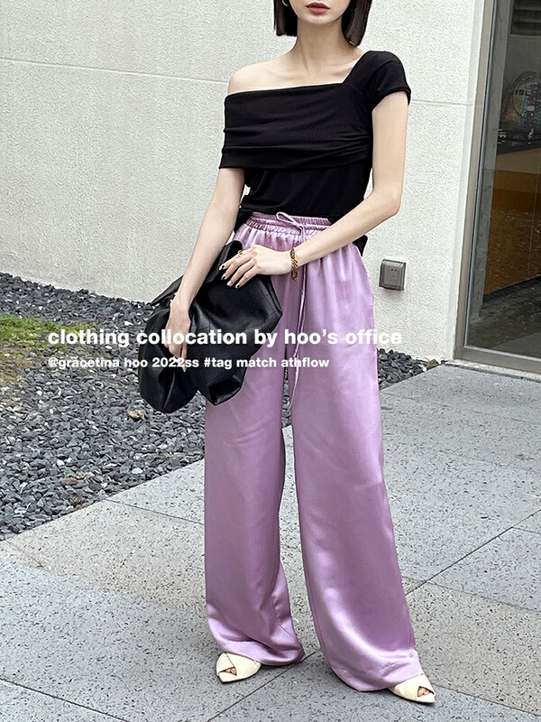 [gracetina Hoo] clear color high-grade Satin profile draped wide leg casual pants k8236