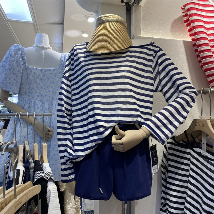 [muzijia] casual simple stripe loose long sleeve T-shirt 66968\xyy