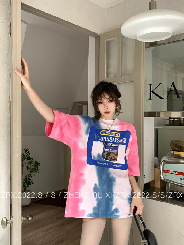 [zhengruxi] tie dyed washed cotton round neck loose printed short sleeve T-shirt 11685\wtt