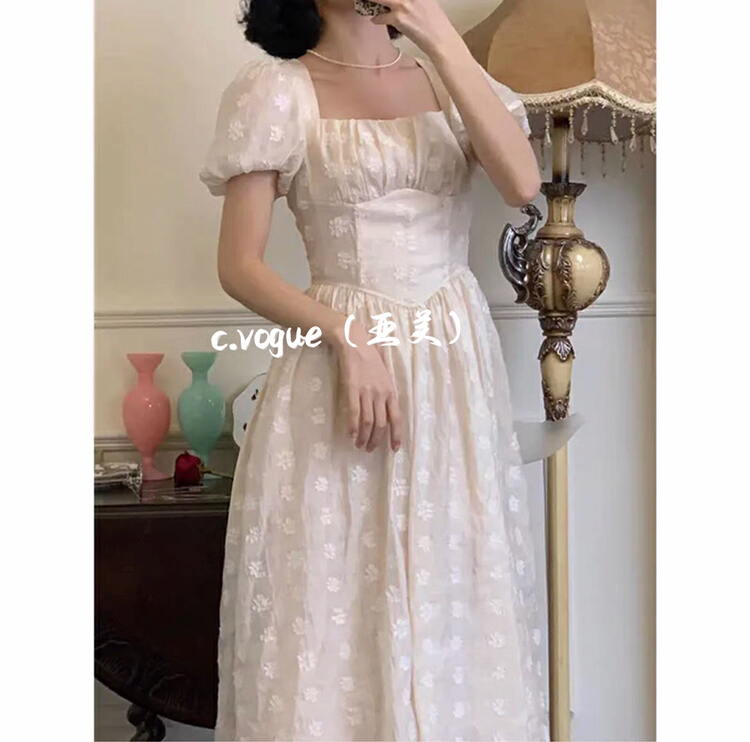 [c.vogue] French temperament celebrity waist closing bubble sleeve dress 3881\pcz
