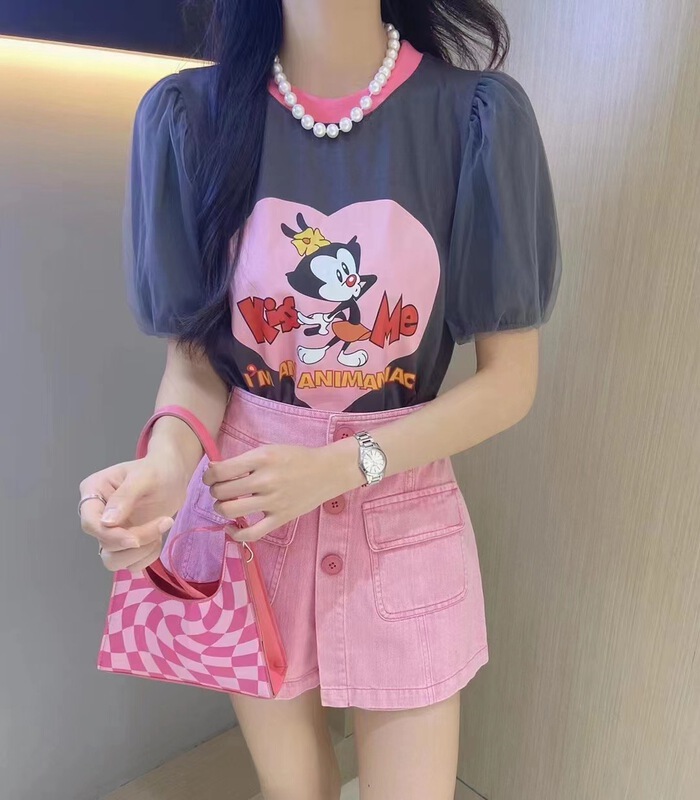 [ya.mei] round neck bubble sleeve comfortable short sleeve T-shirt (T-shirt only) 9752\ll