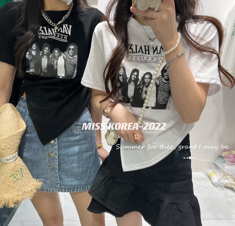 [Miss Korea] small group design round neck printed short sleeve T-shirt (T-shirt only) 6851\hbx