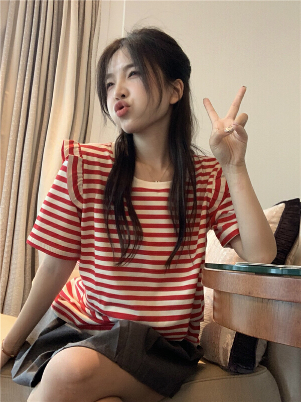 [dolly] Korean loose stripe fungus edge ins short sleeve T-shirt 3426\pcz