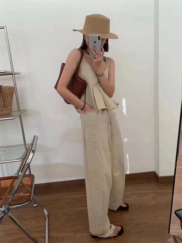 [hi] Han Shu temperament suspender Vest + elastic waist loose casual pants set 7528\hjy