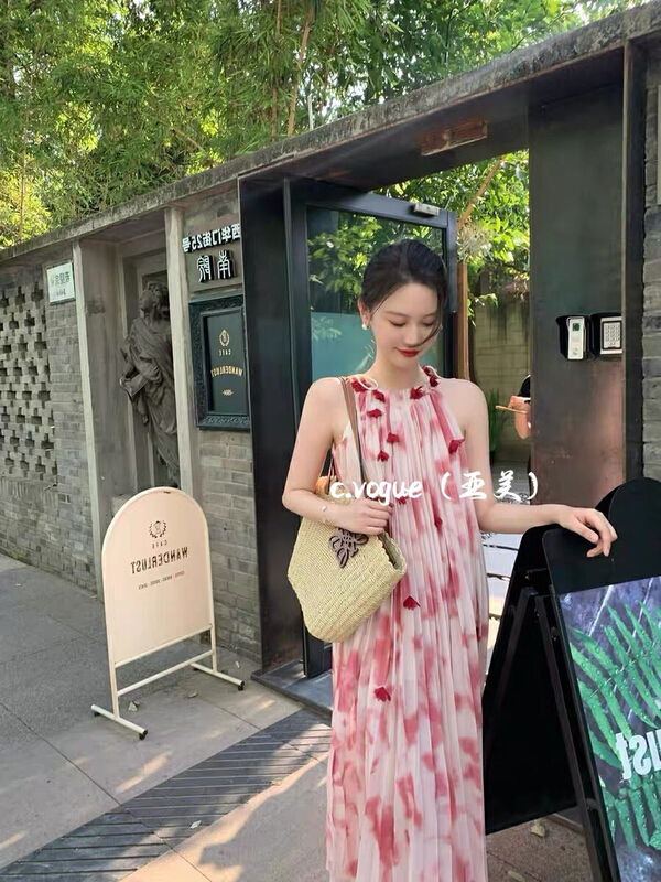 [c.vogue] French holiday tie dyed floral Pleated Dress 3907\pcz