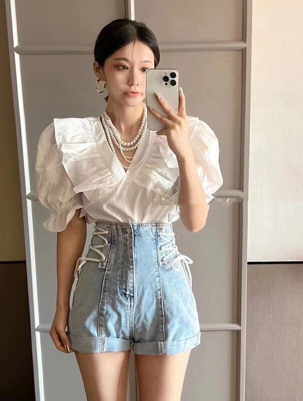 [mi ni] foreign style versatile Ruffle shirt (only selling small shirts) 1148\pcz