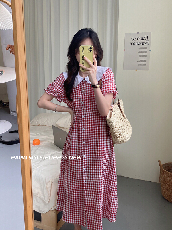 [aimistyle] French retro Plaid doll neck bubble sleeve dress 11039\hbx