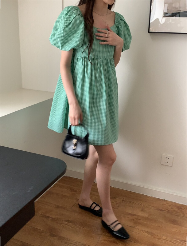 【 bluepops 】 Bubble Sleeve Plaid fashion dress a2366\zxl