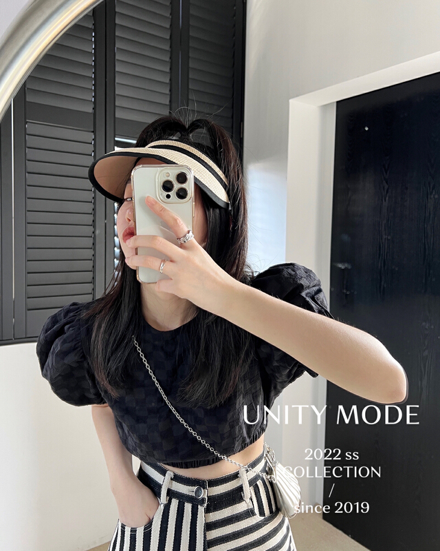 [unit] chessboard check bubble sleeve hot girl short shirt 8065\cqw