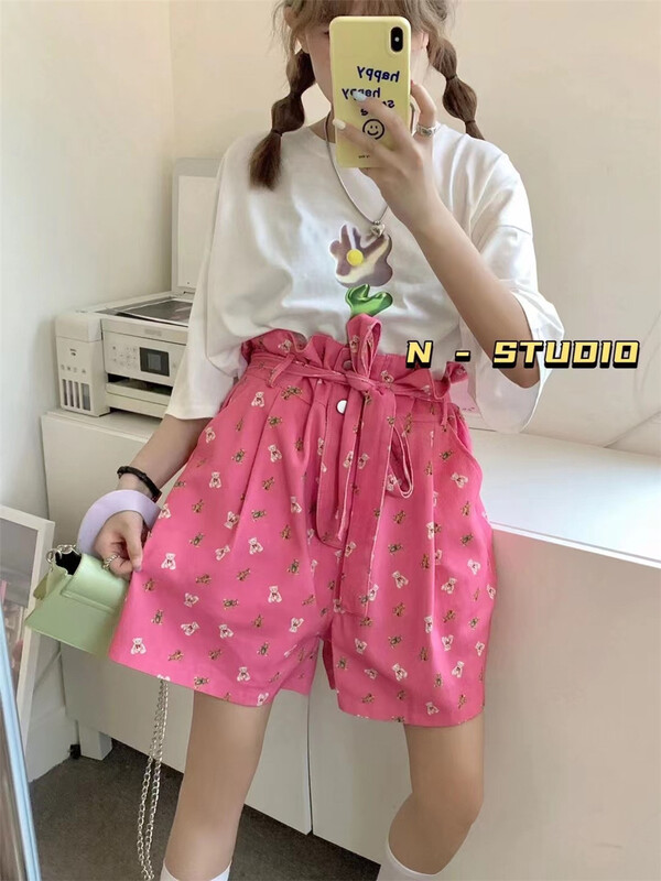 【N】 High waist printed versatile denim shorts (with belt) 0901\t