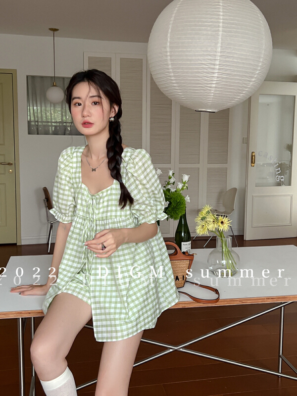 【 digm 】 Korean Plaid lace up shirt + elastic waist casual Shorts Set 1557\jhy