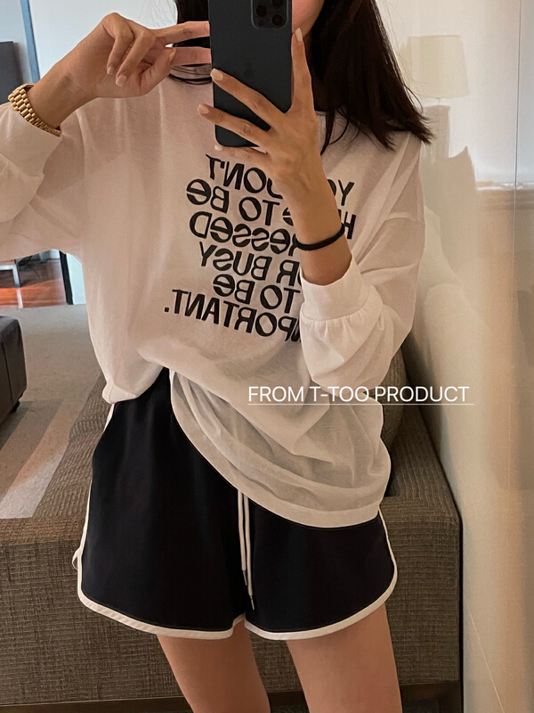 [t-too] round neck letter printed sunscreen long sleeve T-shirt + casual Shorts Set 662987\jhy