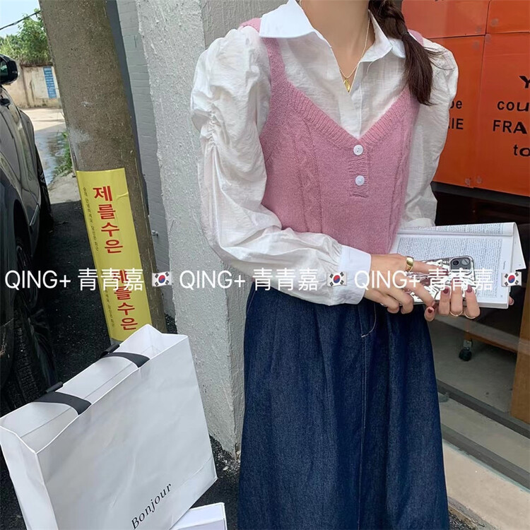 Original price 89.11! [qingqingjia] Korean fashion versatile Vest + clear color bubble sleeve shirt suit 21082\hdd