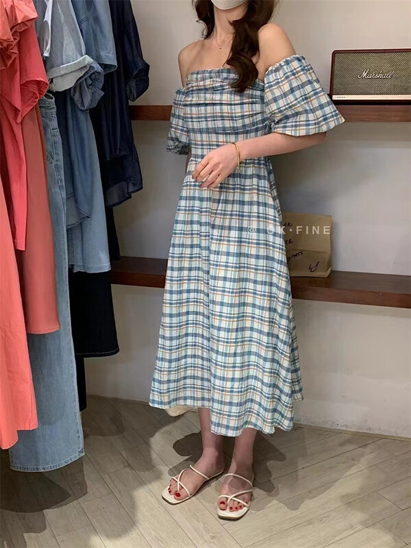 [OK fine] little women's checkered off shoulder dress 8011\zjy