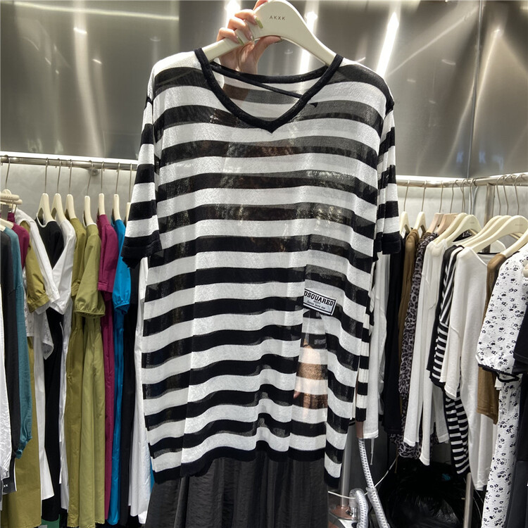 [akxk] stripe comfortable loose short sleeve T-shirt 7222\l