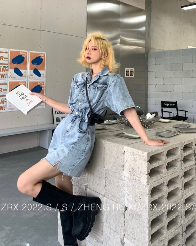 [zhengruxi] Korean versatile waist closing denim dress 11758\wtt