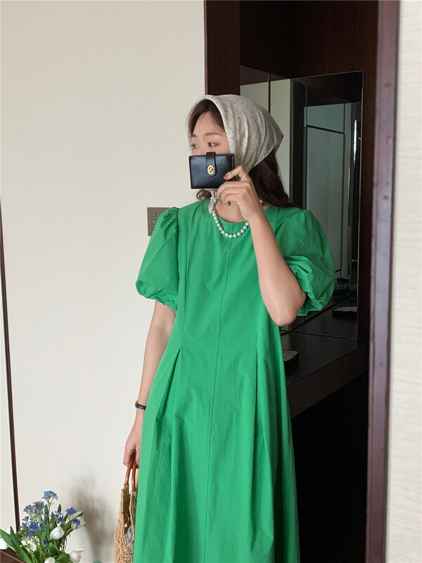 [feeding] Korean Pure Color Bubble Sleeve thin dress 8881-a5\cqw