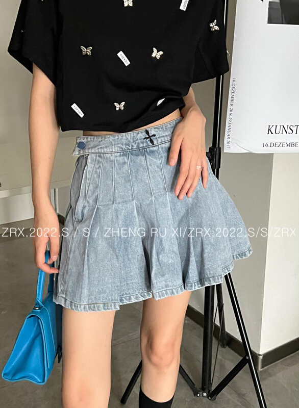 [zhengruxi] pleated denim fashion skirt (with pin) 11718\wtt