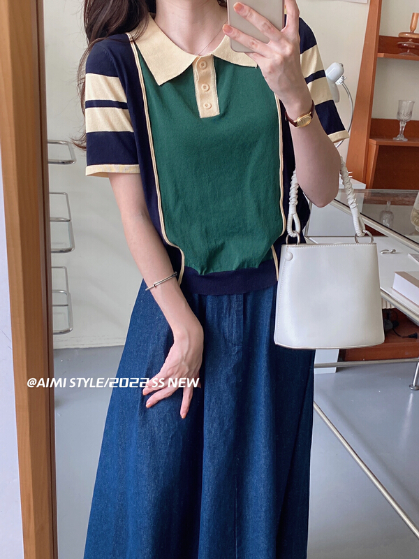 【AIMISTYLE】韓風撞色拼接polo短袖針織衫  66375#  HBX