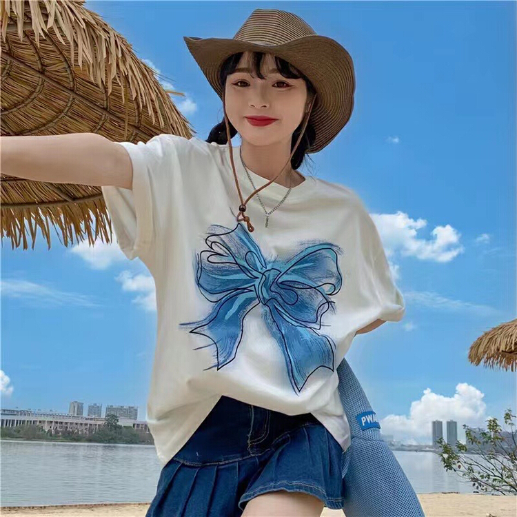 New in early summer! [j.2] Korean net red trend bow printed short sleeve T-shirt 4551\lsw
