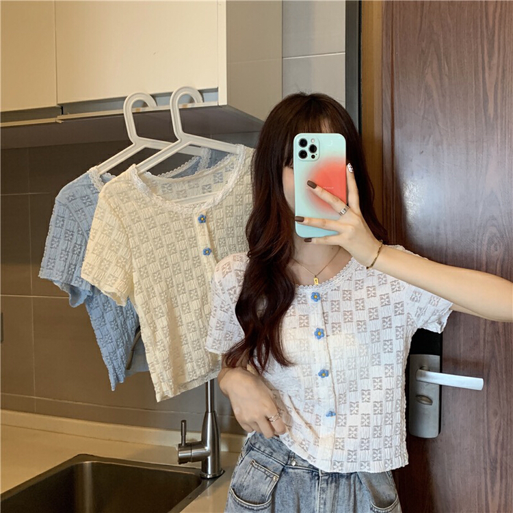 [f · P] French sweet Round Neck Lace hollow out T-shirt 67100\hbx