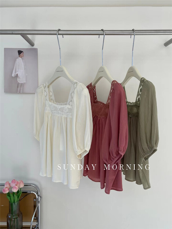 [Sunday morning] square neck Style Bubble Sleeve lace edge blouse 6709\zjy