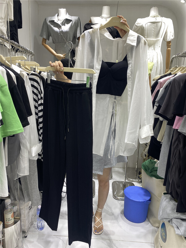 [top] Korean versatile Vest + clear color loose sunscreen shirt + elastic waist slim casual pants set 9170\zjy