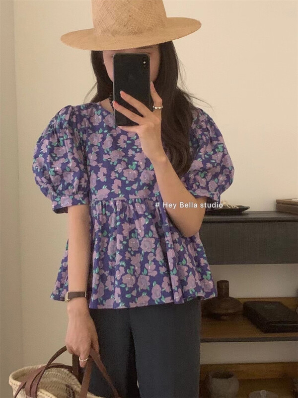 [hey Bella] round neck floral Korean shirt (excluding necklace) 1613\ll