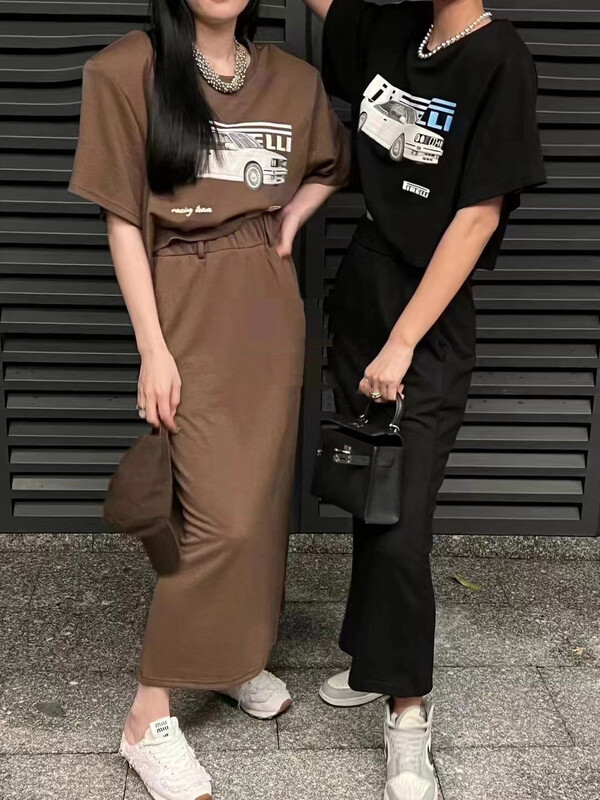 [top] short auto print short sleeve T-shirt + high waist versatile skirt set 9233\zjy