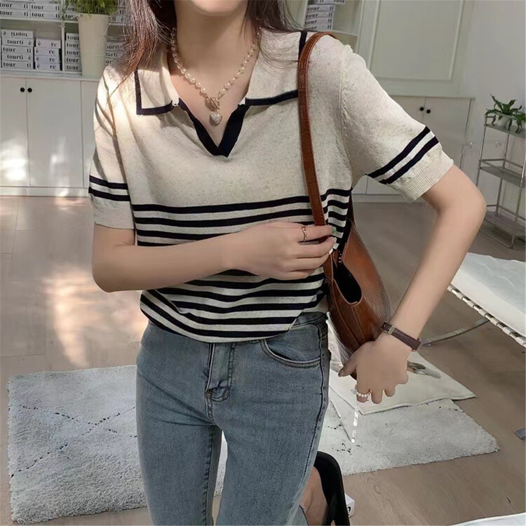 [Gu Shi] Korean casual polo collar stripe sweater 122001\hjy