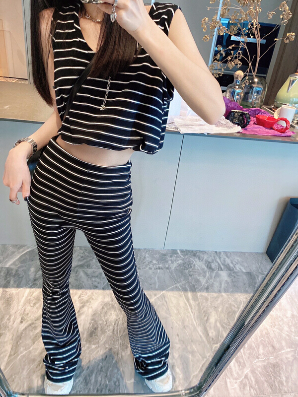 [YT] hot girl striped vest + fashionable high waist horn casual pants set tz5295\pcz