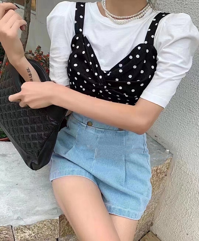 [Han C family] Polka Dot floral Vest + built-in bubble sleeve T-shirt set 8476\pcz