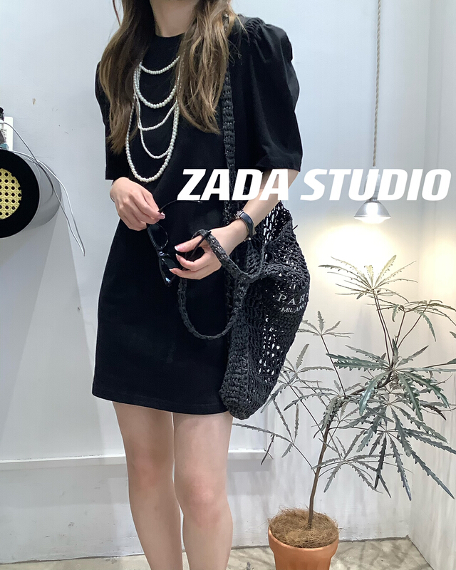 [Zada] round neck bubble sleeve simple dress 3311\wtt