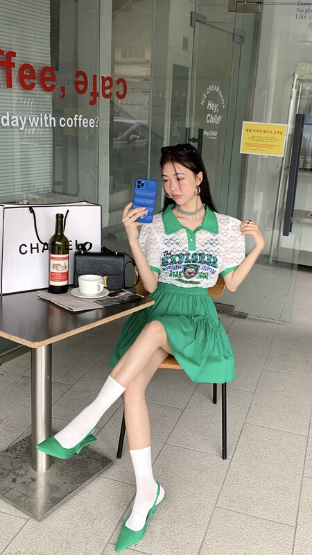 [our] Korean fashion lace print contrast short sleeve T-shirt 10099\lsw