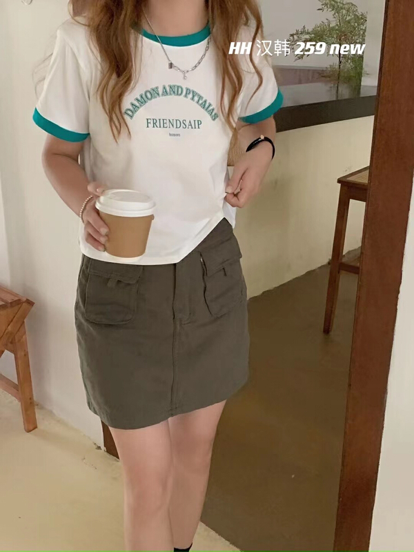 [HH &miss Lai] letter color blocking round neck short sleeve T-shirt 259 "L