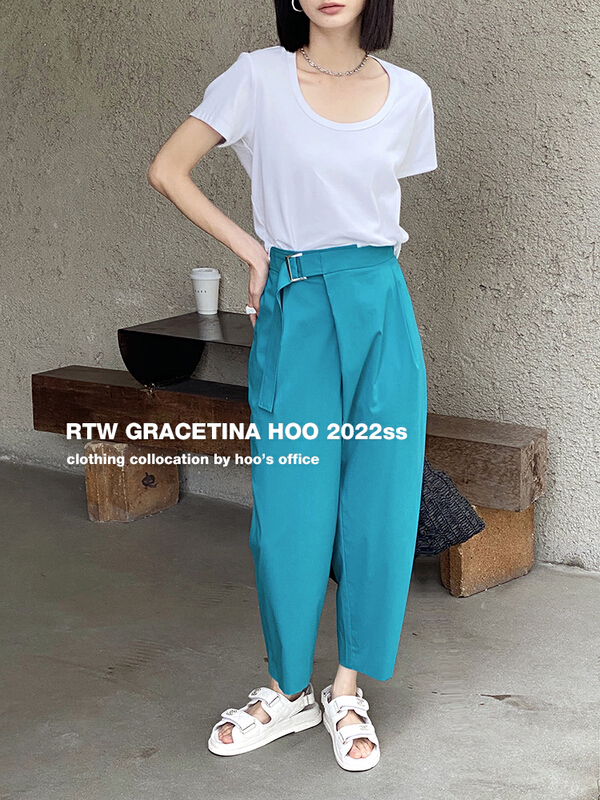 [gracetina Hoo] adjustable waistband design diagonal crotch casual pants (9-point slim and versatile) k8261\cqw
