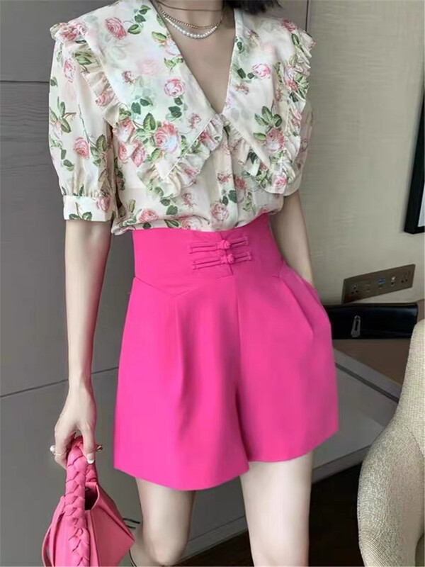 [Menghan] temperament national style button high waist suit casual shorts 6235\hjy