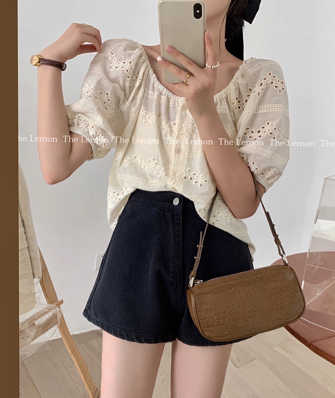[lemon green tea] exquisite Crochet round collar shirt shirt 2231