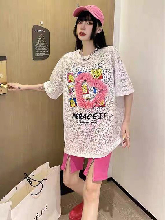 [tangdou original] mesh love Pullover short sleeve T-shirt 9693\wtt