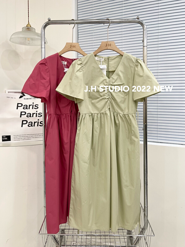 [JH] new net red V-neck pleated solid dress (dress only) 41908\pcz