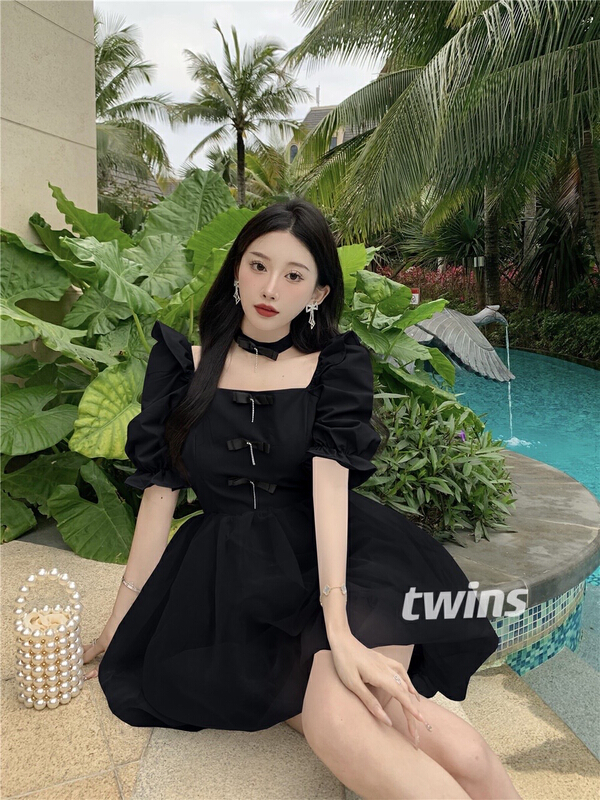 In early summer! [twins] sweet bow square neck net gauze fluffy dress (without a scarf) ys1-8097\hjy